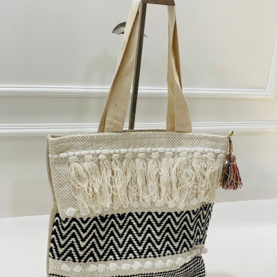 Cream Zigzag Woven Trendy Jhola Bag