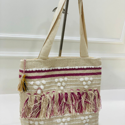 Ivory Floral Fringe Woven Jhola Bag
