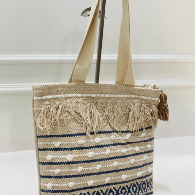 Beige Polka Stripe Woven Jhola Bag