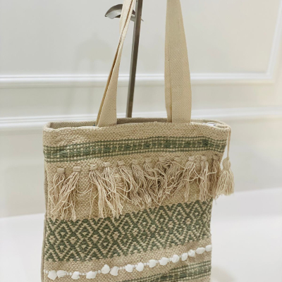Sandy Beige Geometric Weave Cotton Jhola Bag