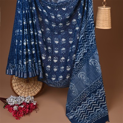 Navy Floral Geometric Hand Block Print Linen Saree
