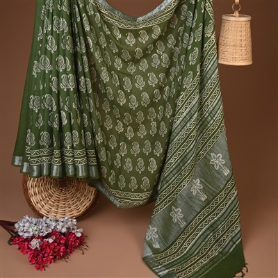 Forest Green Leaf Motif Hand Block Printed Linen Saree