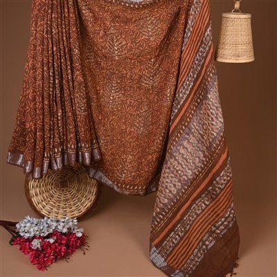 Terracotta Floral Geometric Linen Saree