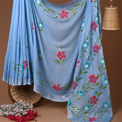 Sky Blue Floral Hand Block Print Linen Saree