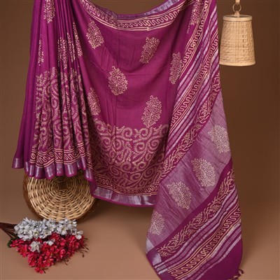 Magenta Floral Geometric Hand Block Printed Linen Saree