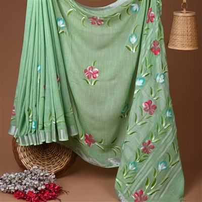 Mint Floral Hand Block Printed Linen Saree