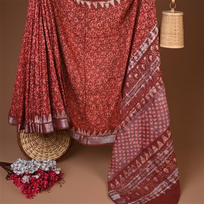 Crimson Geometric Floral Print Linen Saree