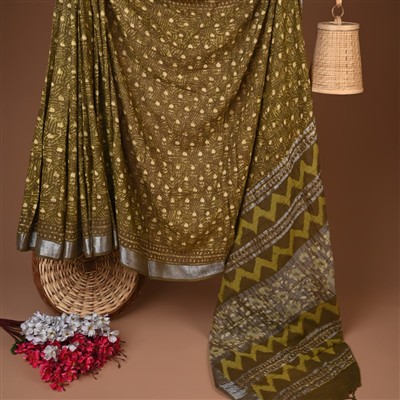 Olive Green Floral Zig-Zag Print Linen Saree