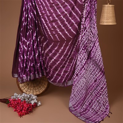 Plum Wave Tie-Dye Hand Block Printed Linen Saree