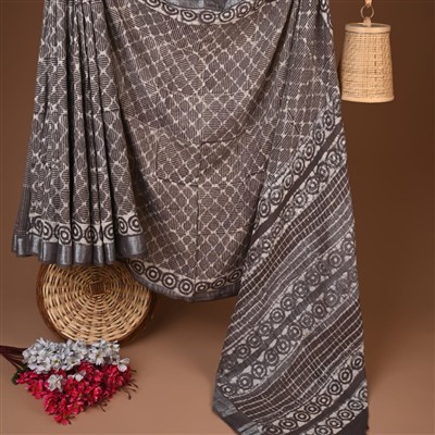 Charcoal Geometric Block Print Linen Saree