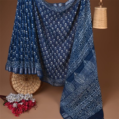 Indigo Floral & Geometric Print Linen Saree