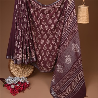 Plum Leaf Motif Hand Block Printed Linen Saree