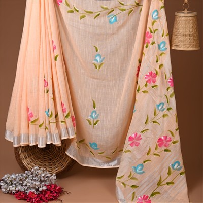 Peach Floral Dream Hand Block Printed Linen Saree