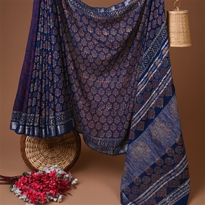 Navy Floral Geometric Hand Block Printed Linen Saree