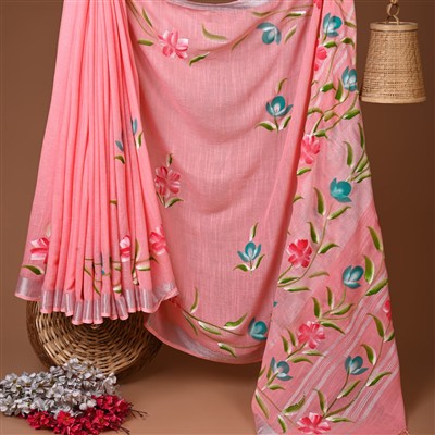 Pastel Pink Floral Whimsy Hand Block Printed Linen Saree