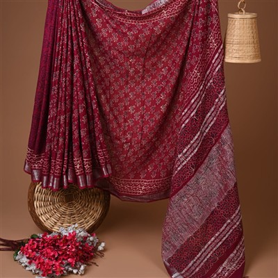 Burgundy Geometric Floral Hand Block Printed Linen Saree