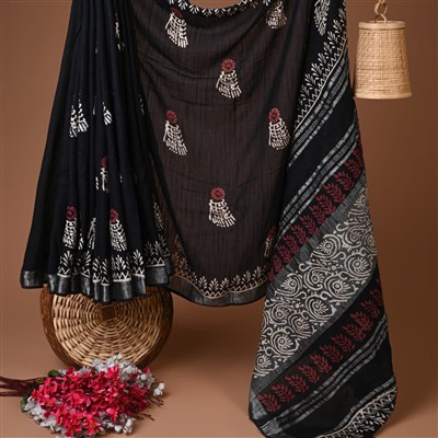 Crimson Floral Elegance Hand Block Printed Linen Saree