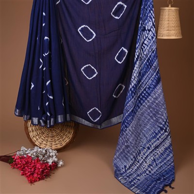 Indigo Geometric Hand Block Printed Linen Saree