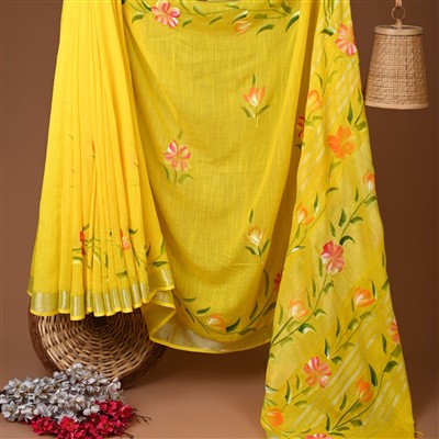 Sunshine Floral Melody Hand Block Printed Linen Saree