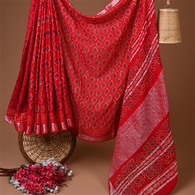 Crimson Paisley Hand Block Printed Linen Saree