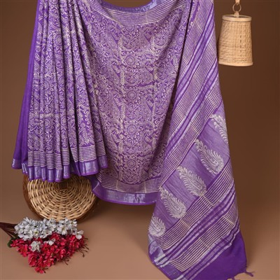 Lavender Floral Fusion Hand Block Printed Linen Saree