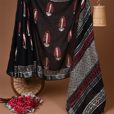 Crimson Floral Cascade Hand Block Printed Linen Saree