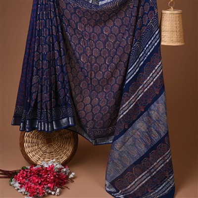 Navy Crimson Floral Harmony Hand Block Printed Linen Saree