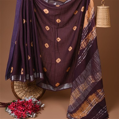 Eggplant Geometric Delight Hand Block Printed Linen Saree
