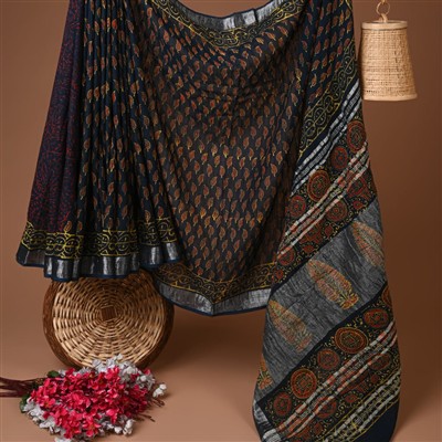 Navy Floral Cascade Hand Block Printed Linen Saree