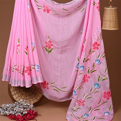 Pastel Pink Floral Charm Linen Saree