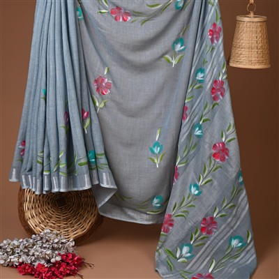 Sky Blue Floral Radiance Linen Saree