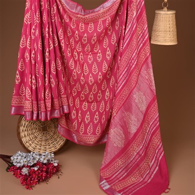 Fuchsia Leaf Cascade Hand Block Printed Linen Saree