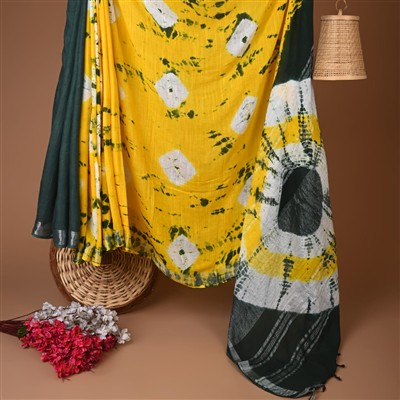 Vibrant Yellow Diamond Motif Hand Block Printed Linen Saree