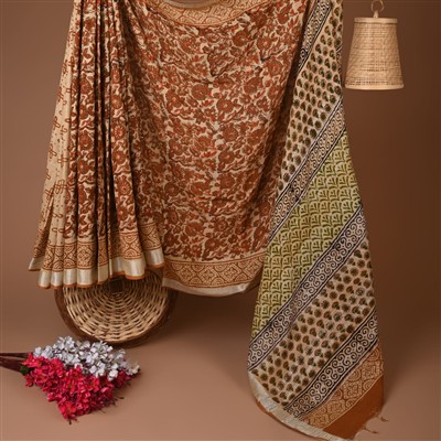 Emerald Geometric Symphony Hand Block Printed Linen Saree