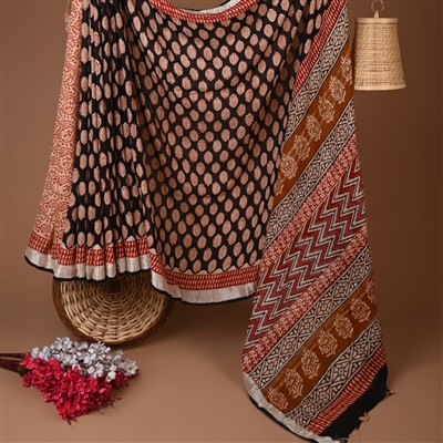 Midnight Bliss Polka Dot Hand Block Printed Linen Saree