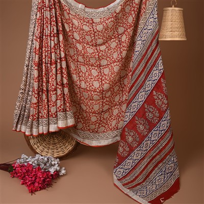 Crimson Floral Harmony Hand Block Printed Linen Saree