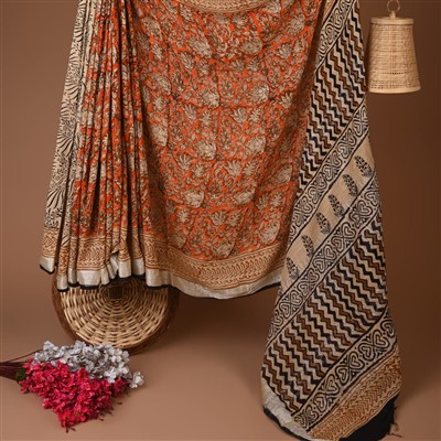 Crimson Blossom Geometric Hand Block Printed Linen Saree