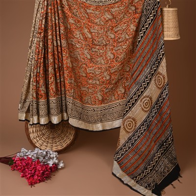 Terracotta Paisley Hand Block Printed Linen Saree