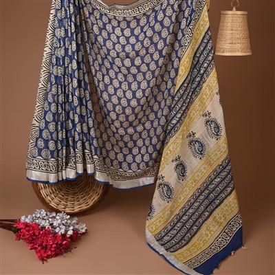 Navy Floral Cascade Hand Block Printed Linen Saree