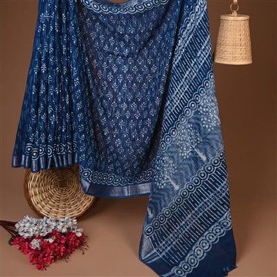 Navy Floral Geometry Hand Block Printed Linen Saree