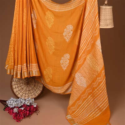 Golden Floral Harmony Hand Block Printed Linen Saree