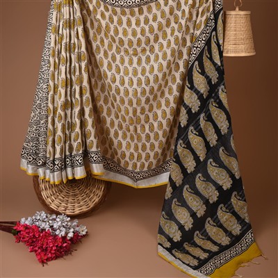 Golden Ochre Paisley Block Print Linen Saree