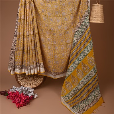 Mustard Floral Fusion Hand Block Printed Linen Saree