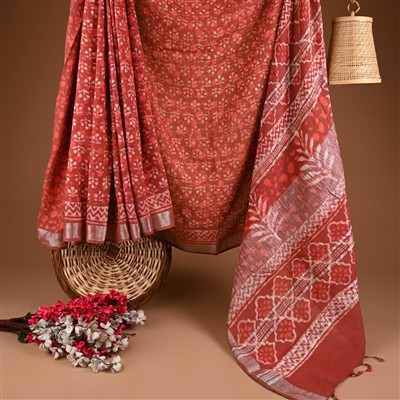Terracotta Floral Geometry Linen Saree