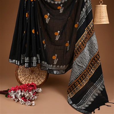 Jet Black Sunburst Geometric Linen Saree