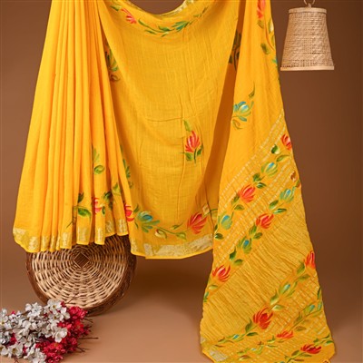 Sunshine Floral Delight Hand Block Printed Linen Saree
