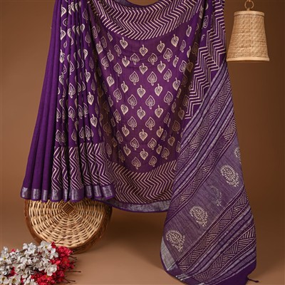 Royal Purple Tulip Chevron Linen Saree