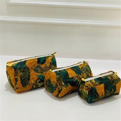 Vibrant Mustard Leaf Pattern Quilted Toiletries Pouch Set