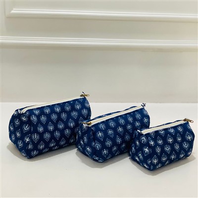 Navy Paisley Print Quilted Toiletries Pouch Set