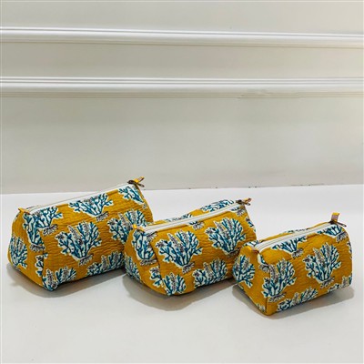Mustard Coral Quilted Toiletries Pouch Set